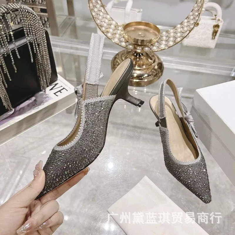 Design Crystal-Embellished Pointed-Toe Slingback Heels Silver Gray - 3