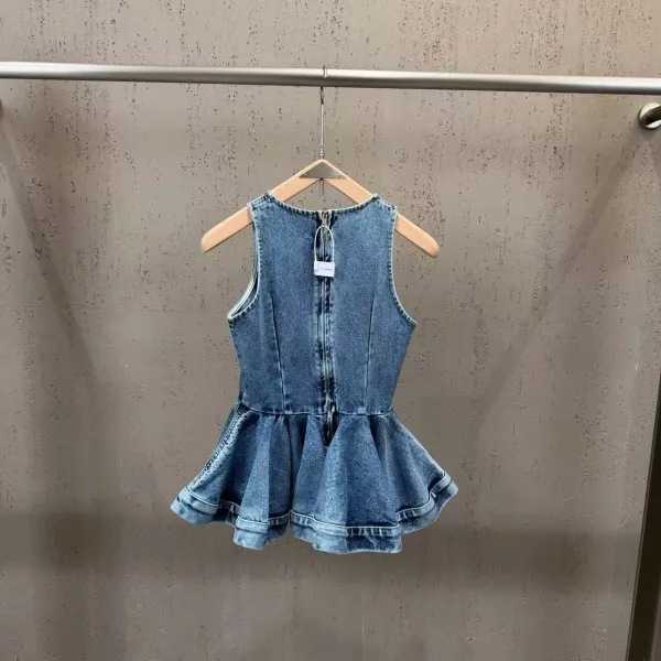 Denim Set: Flared Wide-Leg Jeans and Peplum Sleeveless Top in Medium Wash Blue - 18