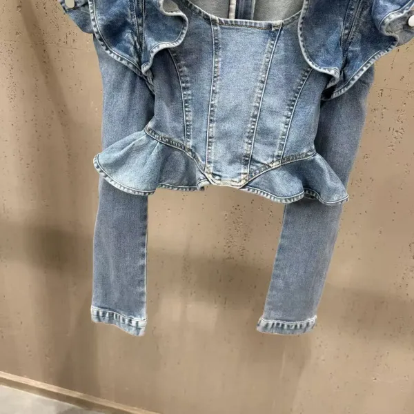 Denim Ruffle Corset Top in Medium Wash Blue - 7
