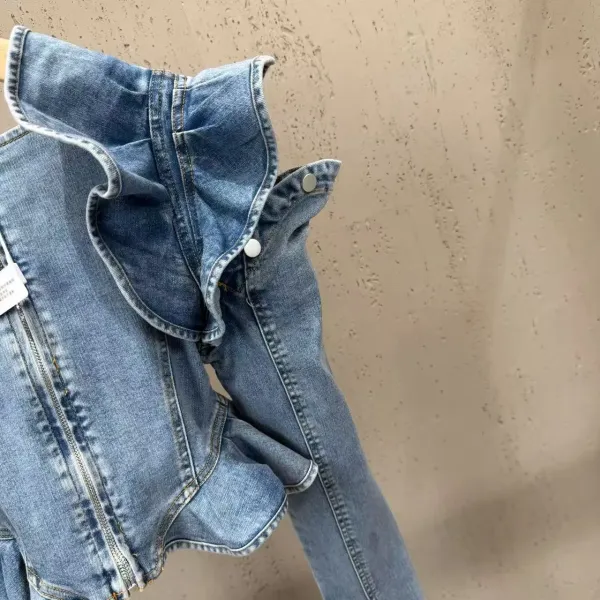 Denim Ruffle Corset Top in Medium Wash Blue - 11