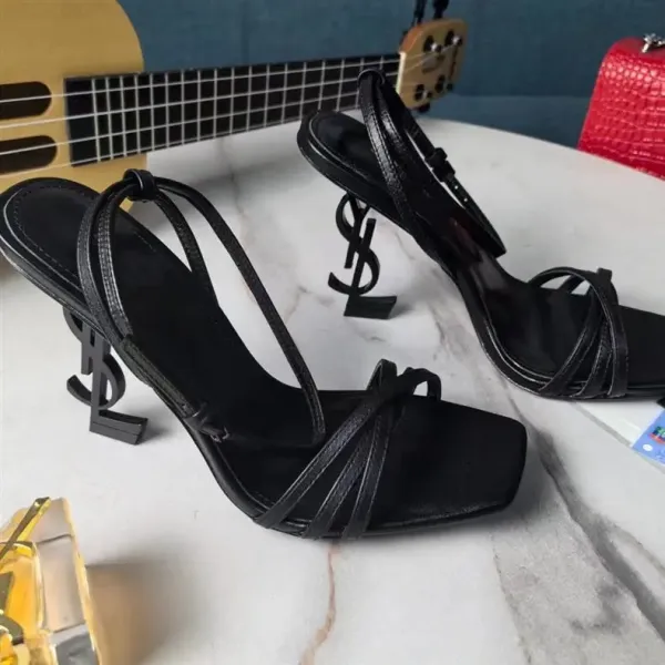 Saint Laurent YSL Monogram Heel Black Strappy Sandals - 13