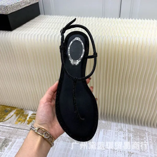 Rainbow Crystal-Embellished T-Strap Flat Sandals - 9