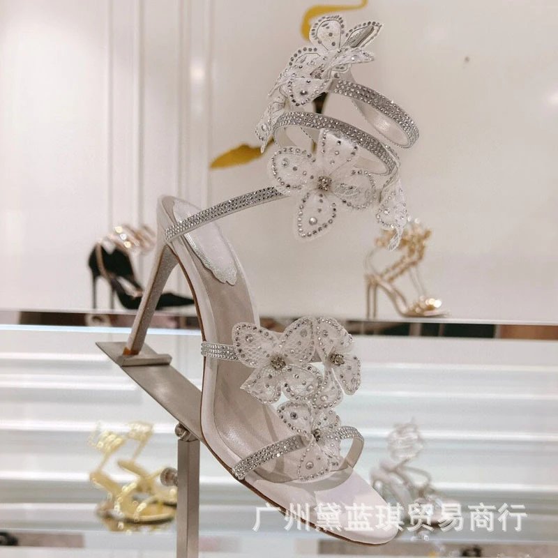 Clear Strap Floral Embellished Stiletto Heels Pink Transparent Sandals - 8