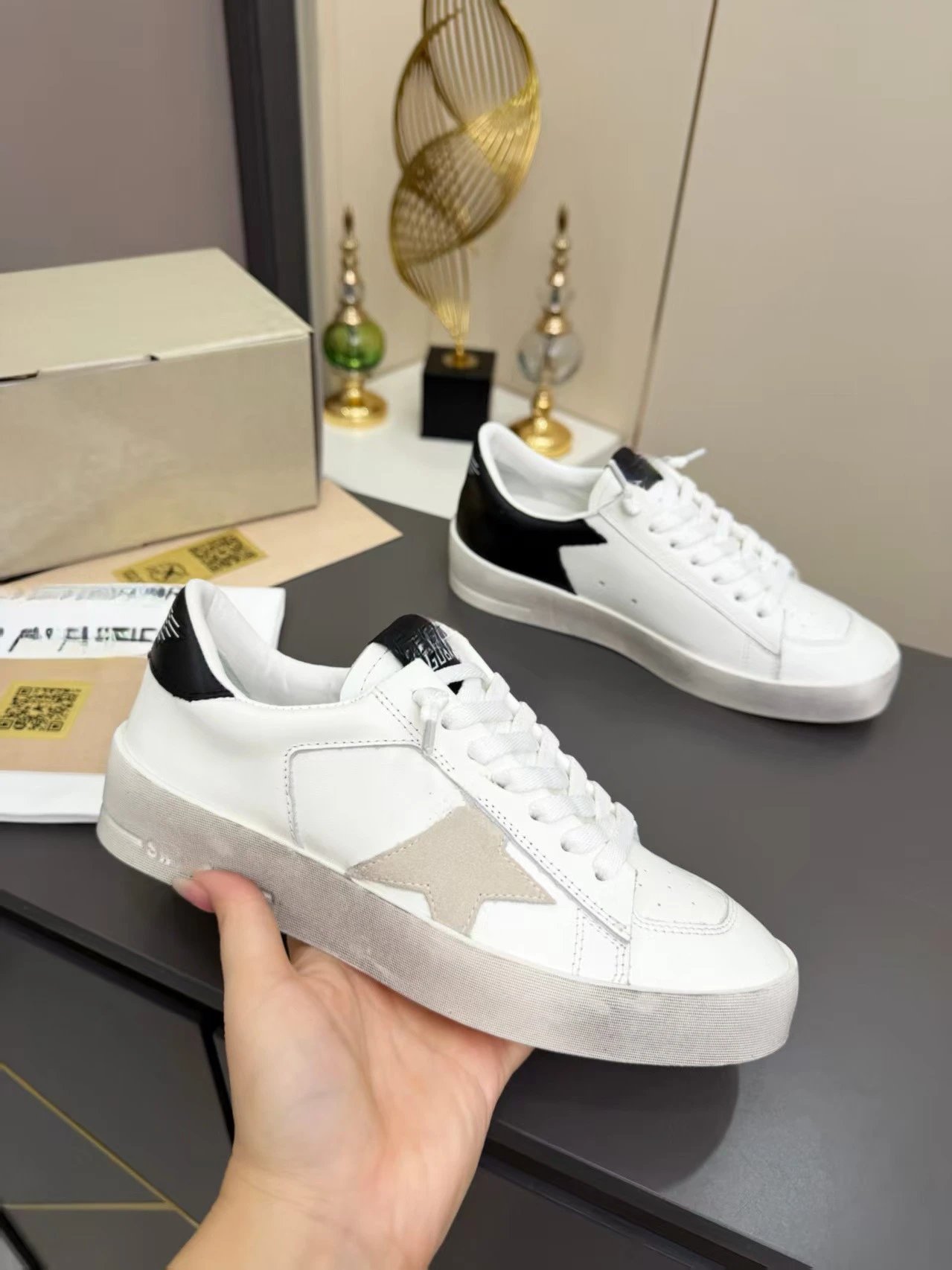 Golden Goose Super-Star Black and White Leather Sneakers - 6