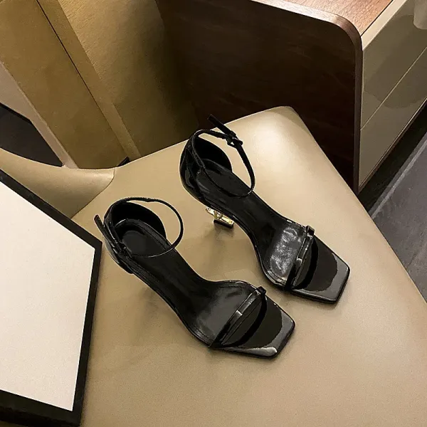 Saint Laurent Tribute Sandals Black Patent Leather Heels - 22