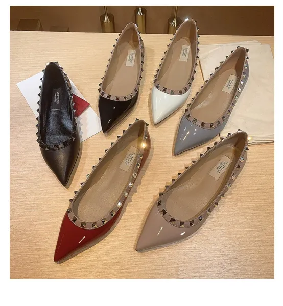 Valentino Garavani Rockstud Pointed-Toe Flats White Leather Shoes - 48