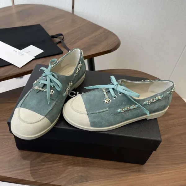 Chanel CC Chain Loafers Mint Green Suede Two-Tone Casual Shoes - 7