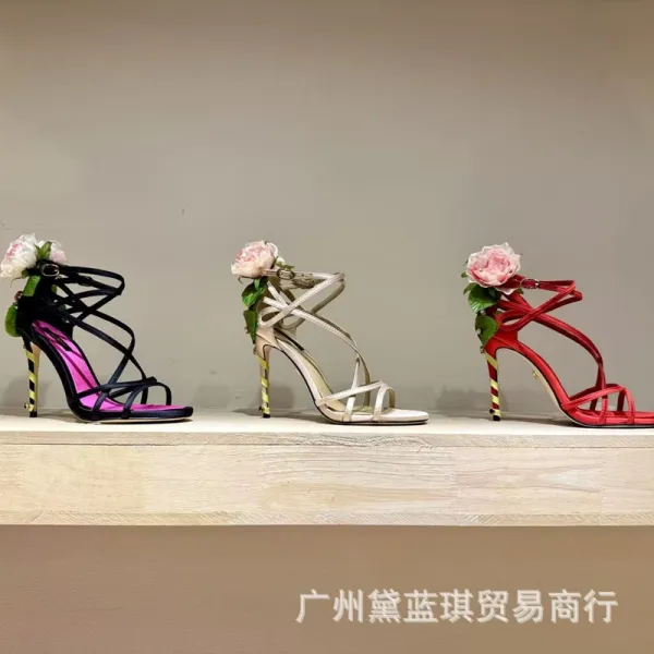 Christian Louboutin Flower-Embellished Strappy Red Stilettos - 5