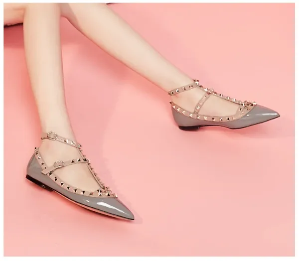 Valentino Rockstud Flat Pointed-Toe Mary Jane Shoes in Nude Patent Leather - 8
