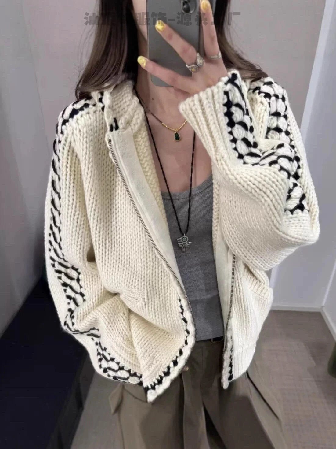 Hand-Knit Crochet-Trim Hooded Cardigan Beige Knit Cardigan - 25