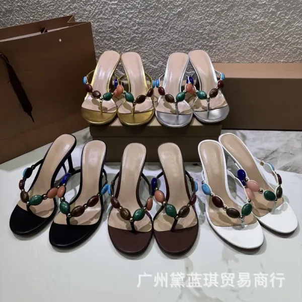 Multicolor Beaded Toe-Post Heeled Sandals - 2