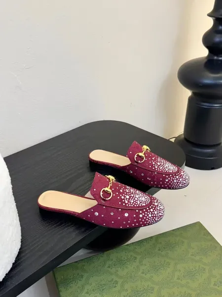 Gucci Princetown Crystal-Embellished Burgundy Loafers - 8