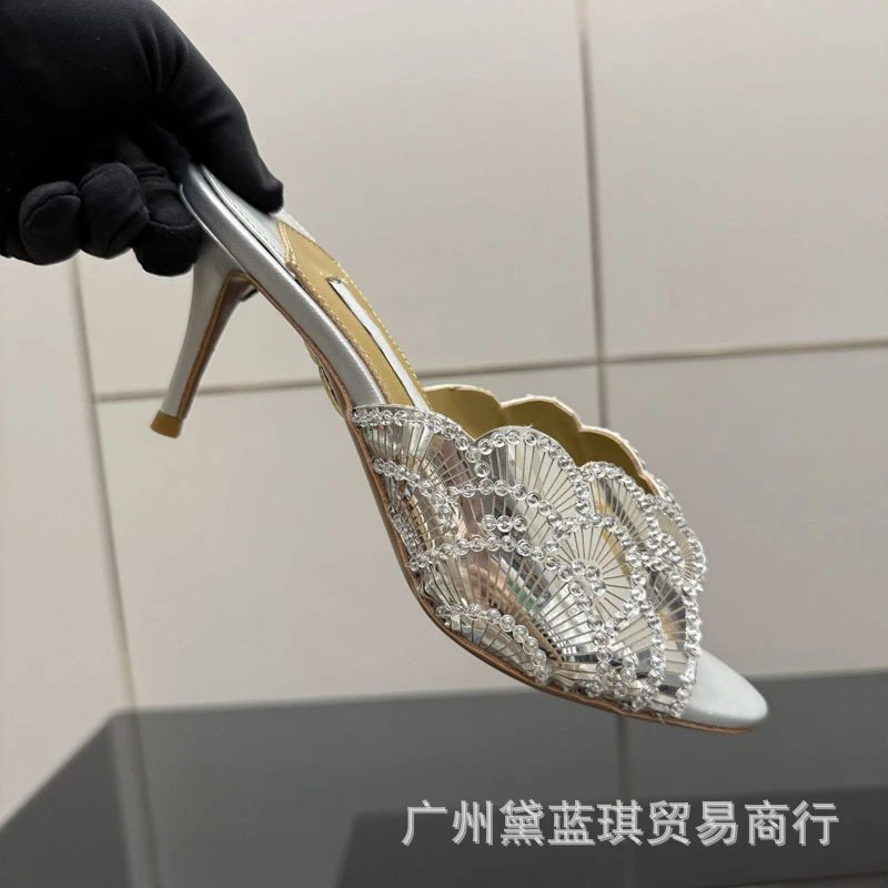 Crystal-Embellished Scallop-Toe Mule Heels Silver