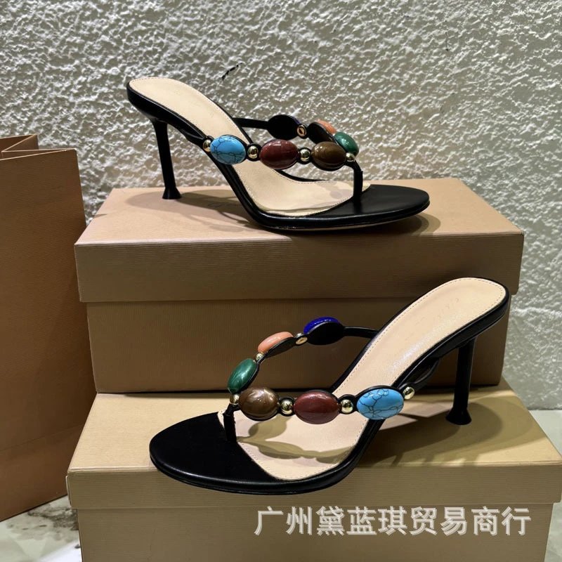 Beaded Embellished Thong Mules Black Multicolor Sandals