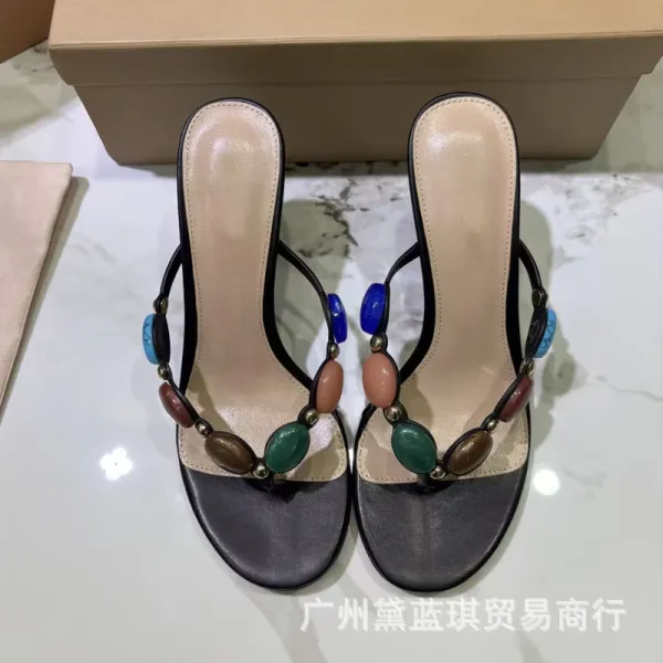 Multicolor Beaded Toe-Post Heeled Sandals - 6