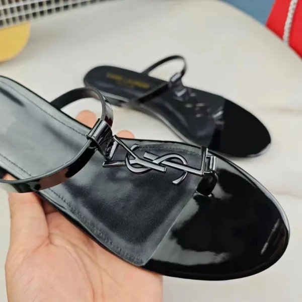 Saint Laurent YSL Monogram Tan Leather T-Strap Flat Sandals - 6