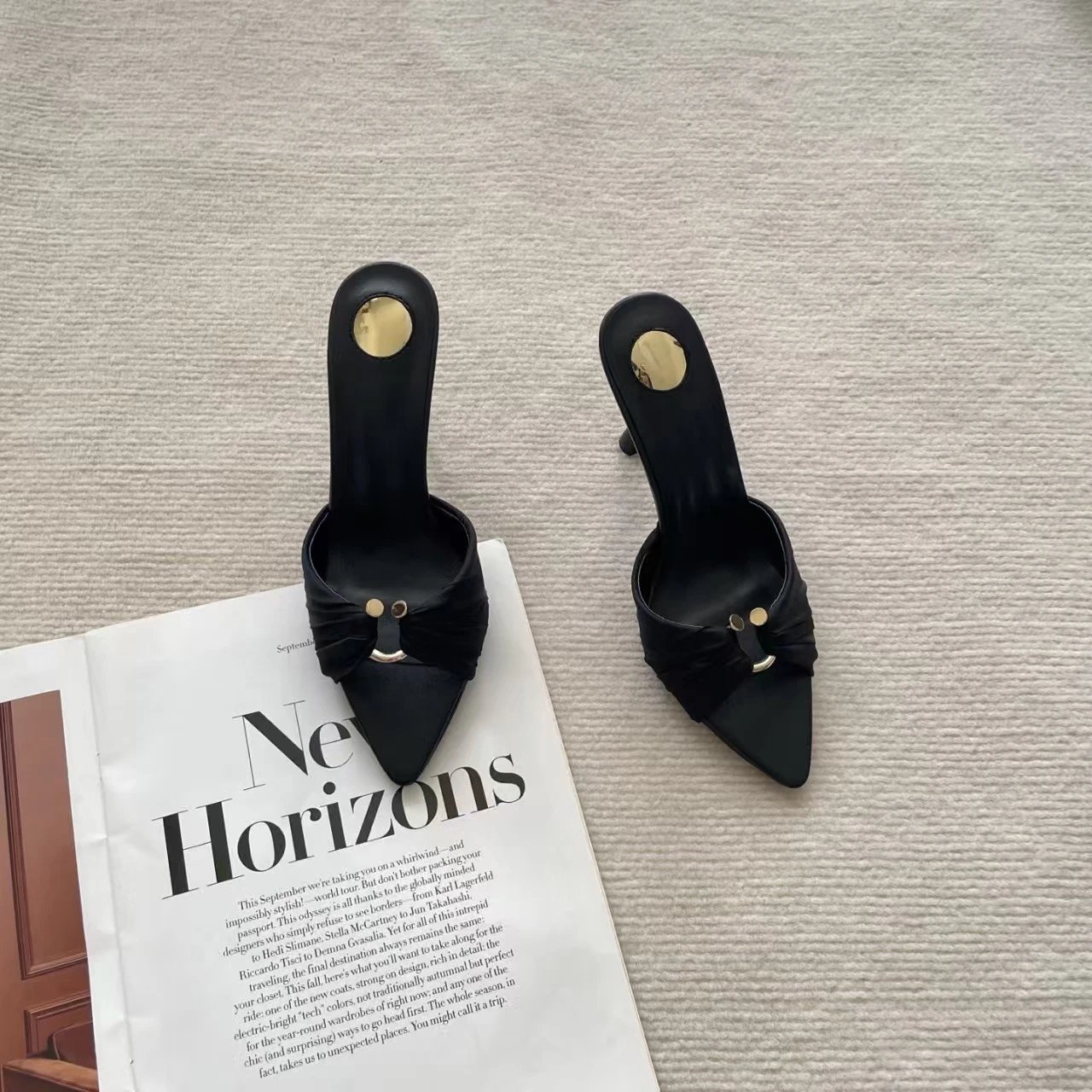 Black Bow-Embellished Pointed-Toe Mule Heels