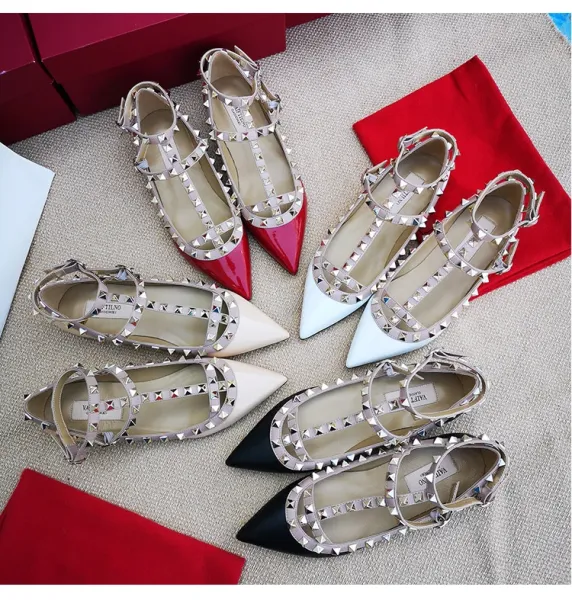 Valentino Rockstud Flat Pointed-Toe Mary Jane Shoes in Nude Patent Leather - 3