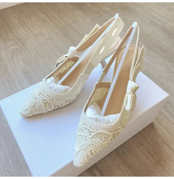 Dior J'Adior Lace Slingback Kitten Heels Beige - 13