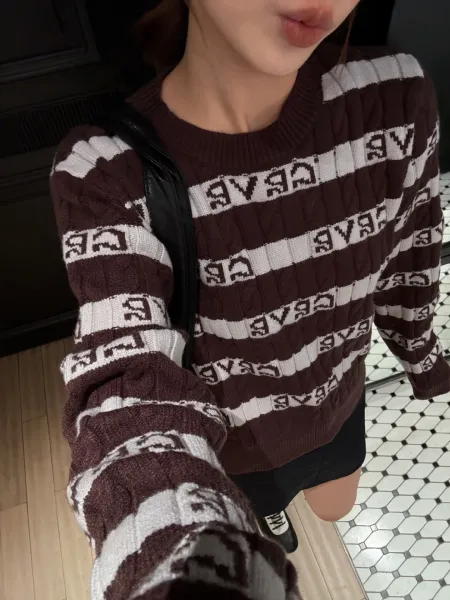 GRA Logo Stripe Ribbed Knit Sweater White/Gray - 34