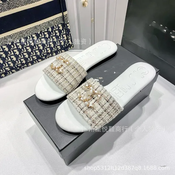 Chanel Tweed CC Logo Slide Sandals Black Multicolor - 14