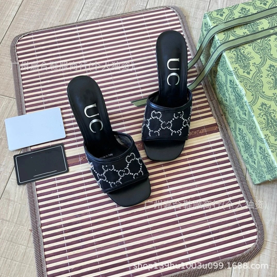 Gucci Marmont Slide Sandals Black Crystal-Embellished Mesh Heeled Slippers