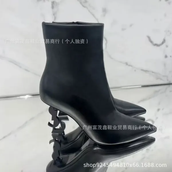 Saint Laurent Tribute Y-Heel Black Croc-Embossed Patent Leather Ankle Boots - 6