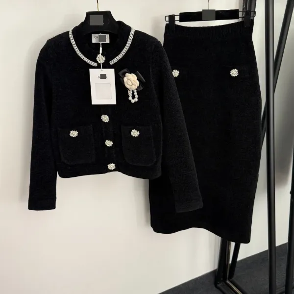 Chanel Tweed Skirt Suit Black with Pearl Embellishments Set - 4
