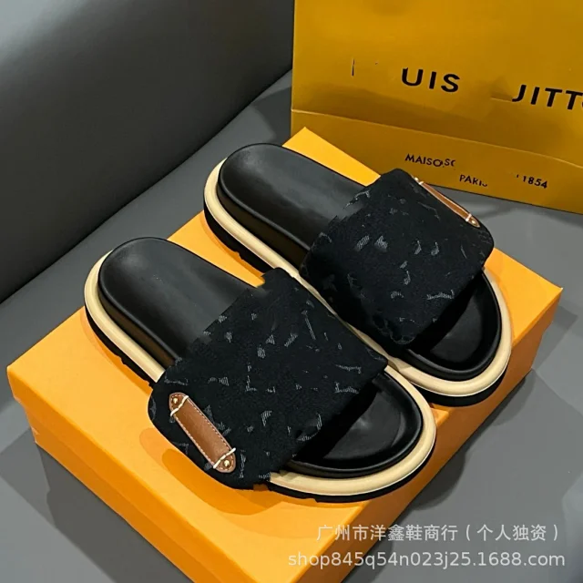 Unbranded Slippers Denim-pattern wide-strap slide product detail image 4