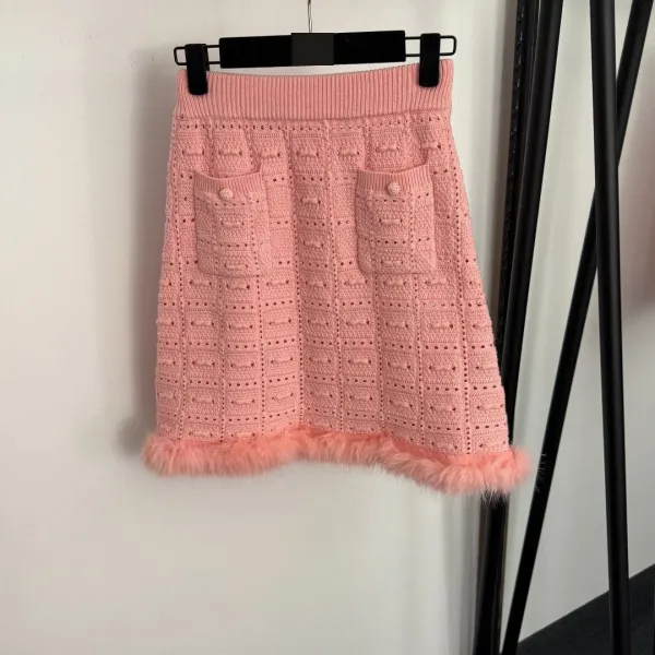 Pink Knit Skirt with Feather Trim and Buttoned Pockets - 8