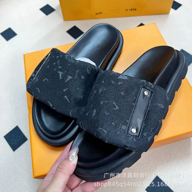 Unbranded Slippers Denim-pattern wide-strap slide product detail image 10