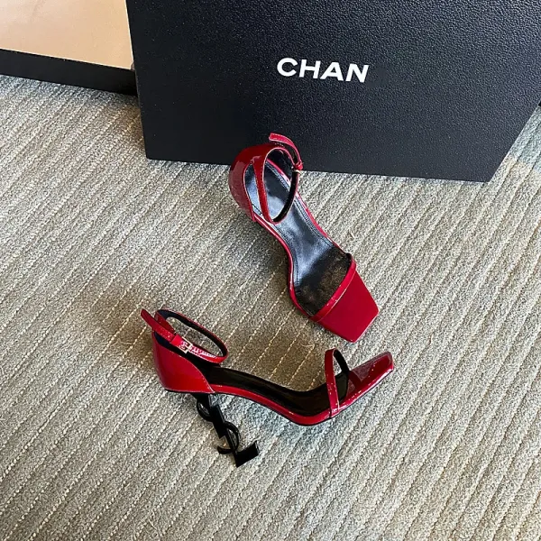Saint Laurent Tribute Sandals Black Patent Leather Heels - 28