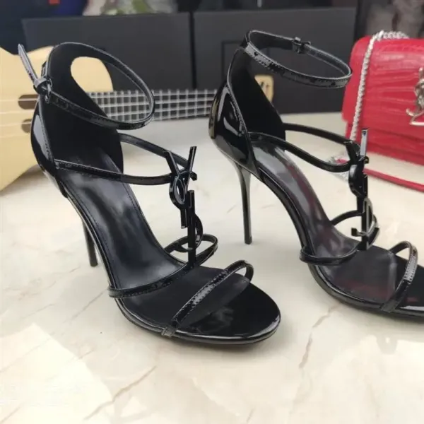Saint Laurent YSL Monogram Heel Black Strappy Sandals - 14
