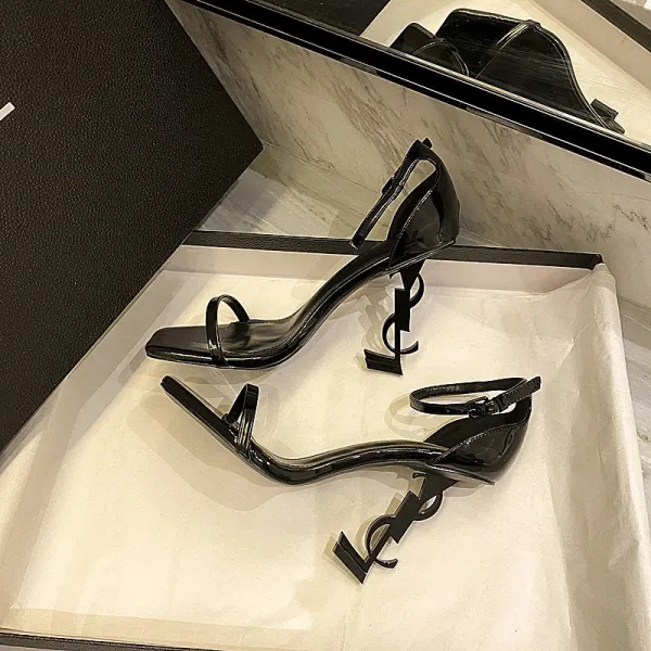 Saint Laurent Tribute Sandals Black Patent Leather Heels - 23