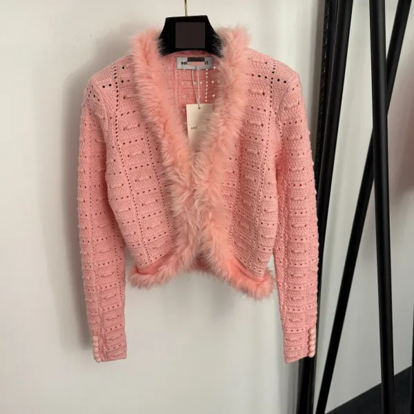 Pink Knit Skirt with Feather Trim and Buttoned Pockets - 5