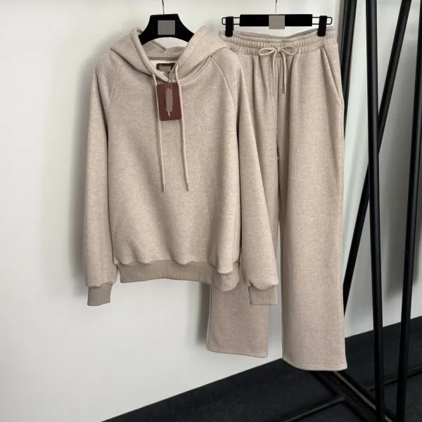 Design Ribbed Knit Hoodie and Sweatpants Set Burgundy Casual-Set - 5