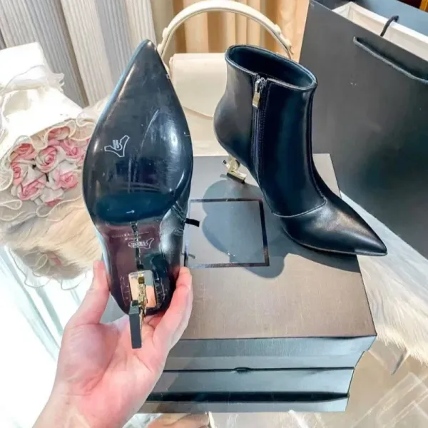 Saint Laurent Opyum Ankle Boots Black Leather Stiletto Heels - 7