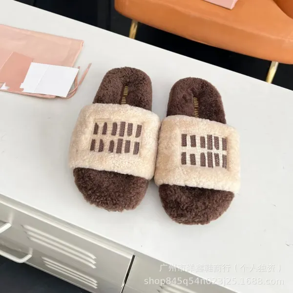 UGG Fluff Slide Brown Beige Shearling Slippers - 18