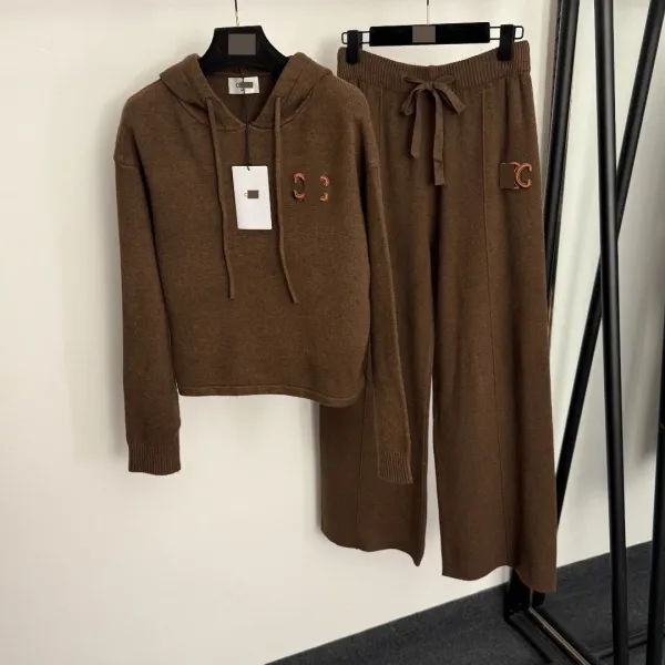 Celine Triomphe Logo Knit Hoodie and Wide-Leg Pants Set Brown - 4