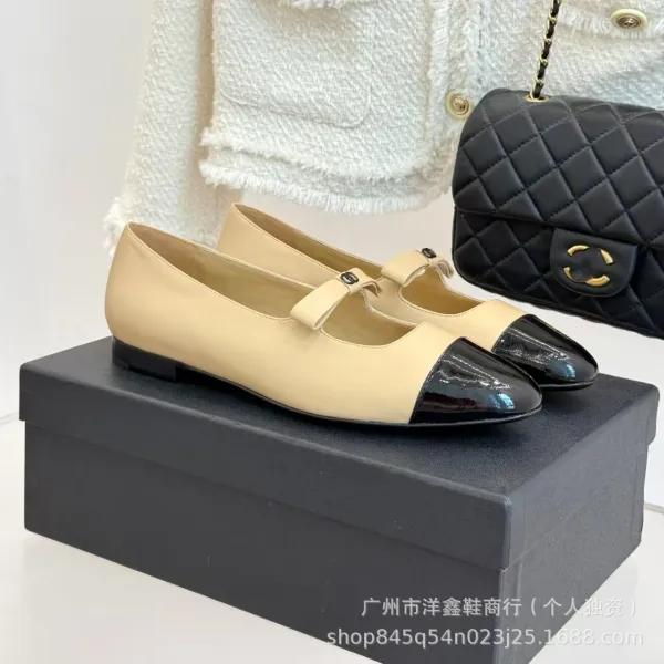 Chanel Mary Jane Flats Beige and Black Leather Shoes - 17