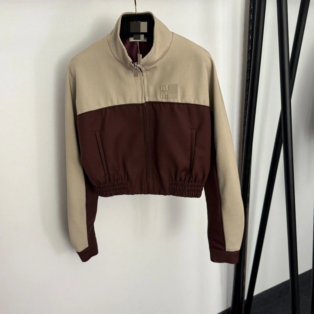 MMY Cropped Color-Block Track Jacket Beige and Burgundy Outerwear - 5