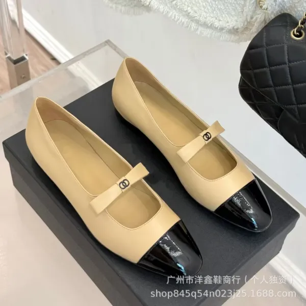 Chanel Mary Jane Flats Beige and Black Leather Shoes - 18