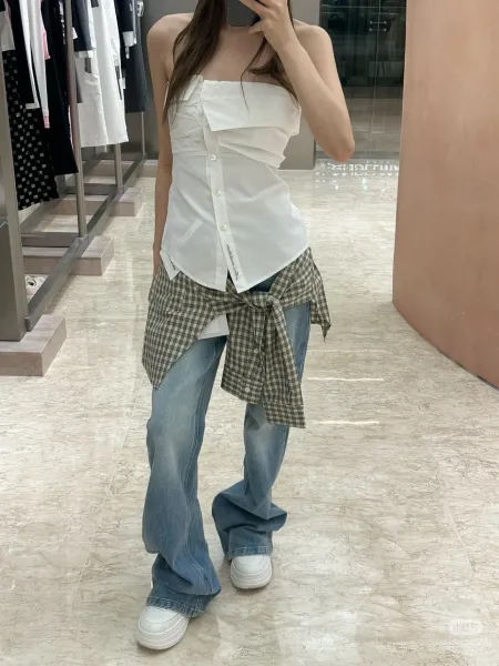 Gallery Dept. Patchwork Flare Jeans with Gingham Shirt Tie Detail Blue Jeans - 6