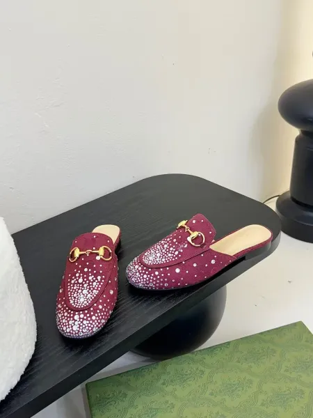 Gucci Princetown Crystal-Embellished Burgundy Loafers - 9
