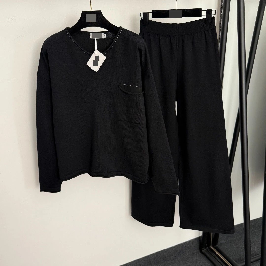 Design Ribbed Knit V-Neck Top and Wide-Leg Pants Set Black - 4