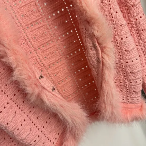 Pink Knit Skirt with Feather Trim and Buttoned Pockets - 7