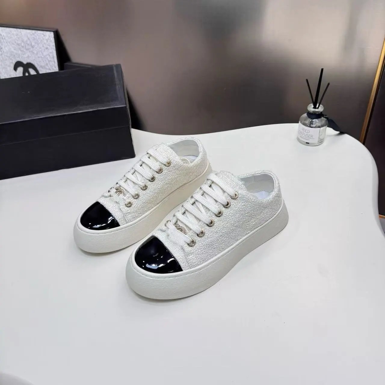 Chanel Classic Sneaker White with Black Cap Toe Glitter Sneakers