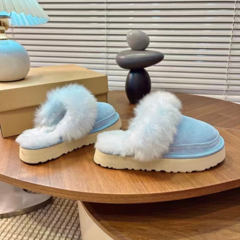 UGG Fluff Platform Slippers Beige Faux Fur Slippers - 6