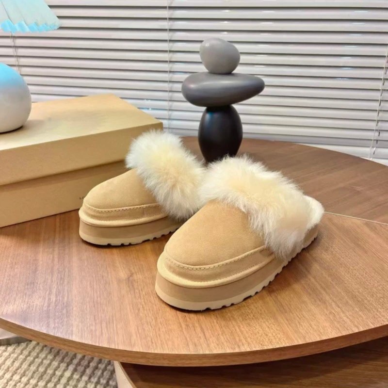 UGG Fluff Platform Slippers Beige Faux Fur Slippers - 22