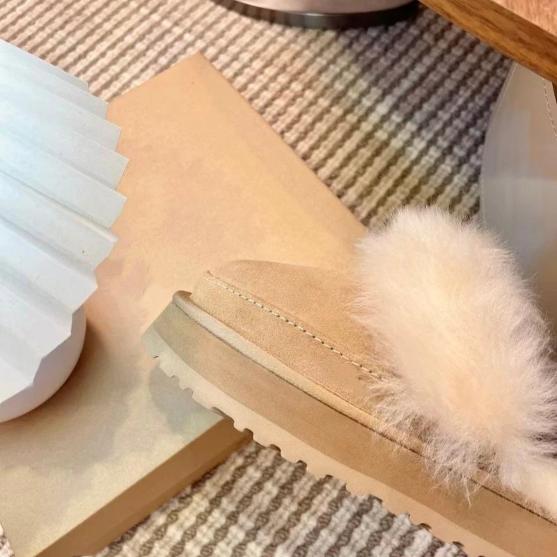 UGG Fluff Platform Slippers Beige Faux Fur Slippers - 27